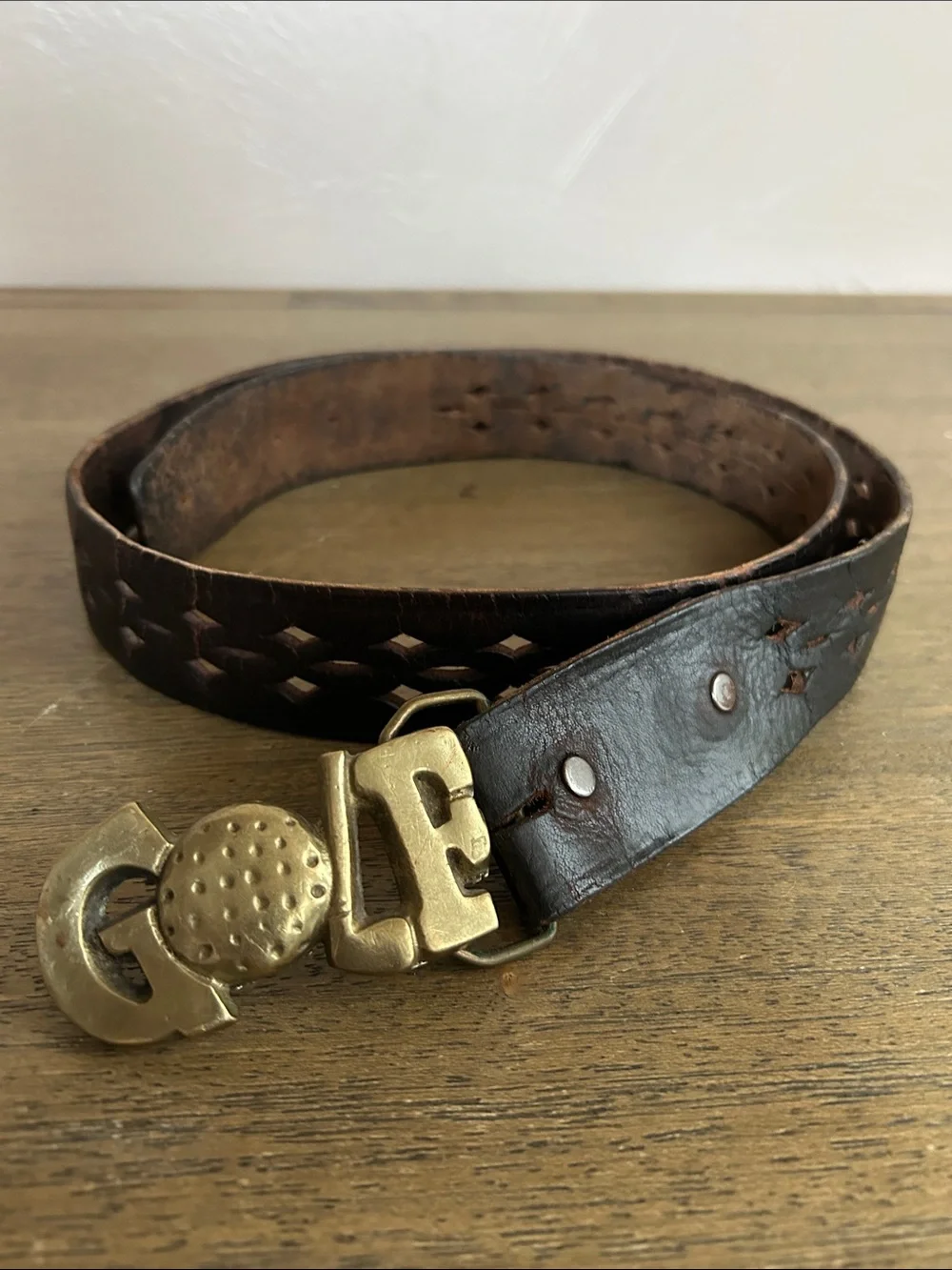 Vintage 70’s GOLF  Solid Brass Buckle Leather Belt - Brown. Made in Taiwan.